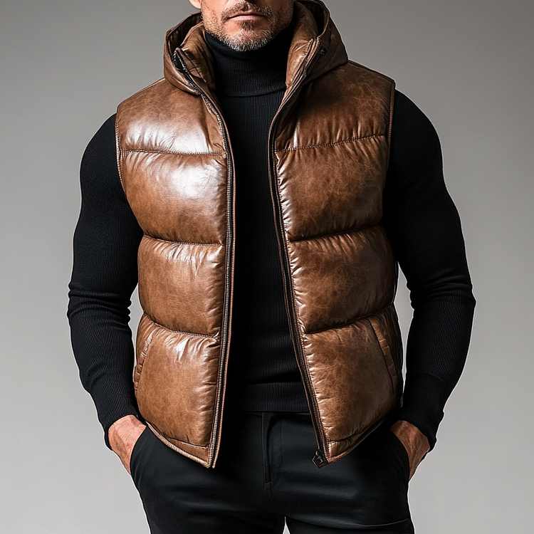 Mens Retro PU Leather Cotton-Padded Zipper Hooded Vest-inspireuse