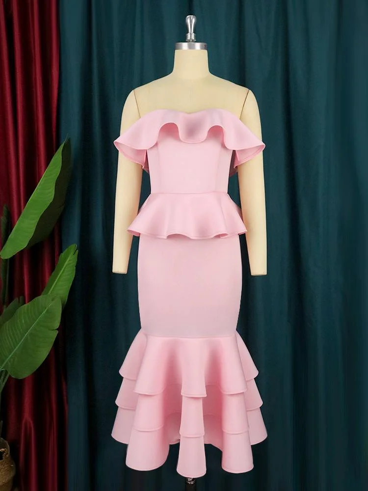 Neosepa-Stylish Strapless Sleeveless Peplum Waist Tired Flounce Pink Solid Party Gown