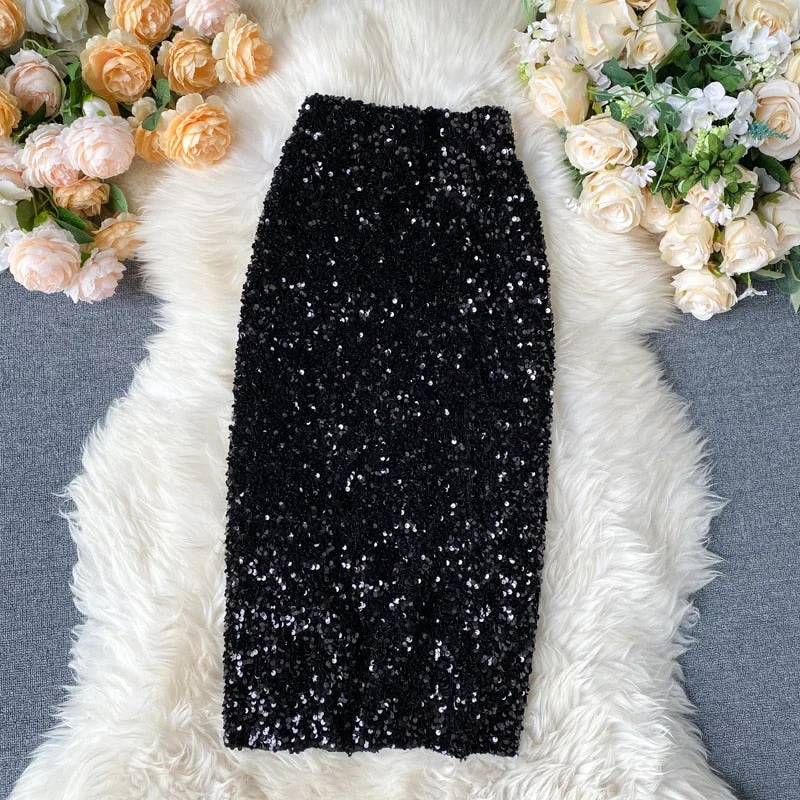 FTLZZ Women Sequins Pencil Skirts Korean Elegant Mid Length Bodycon Jupe Spring Sexy Femme Trend High Waist Slim Shinny Skirt