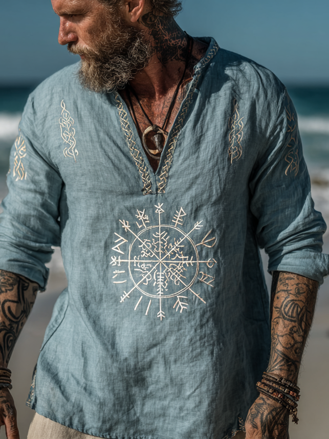Men's Viking Celtic Knot Long Sleeve Linen Henley Shirt / Rvogue / Rvogue