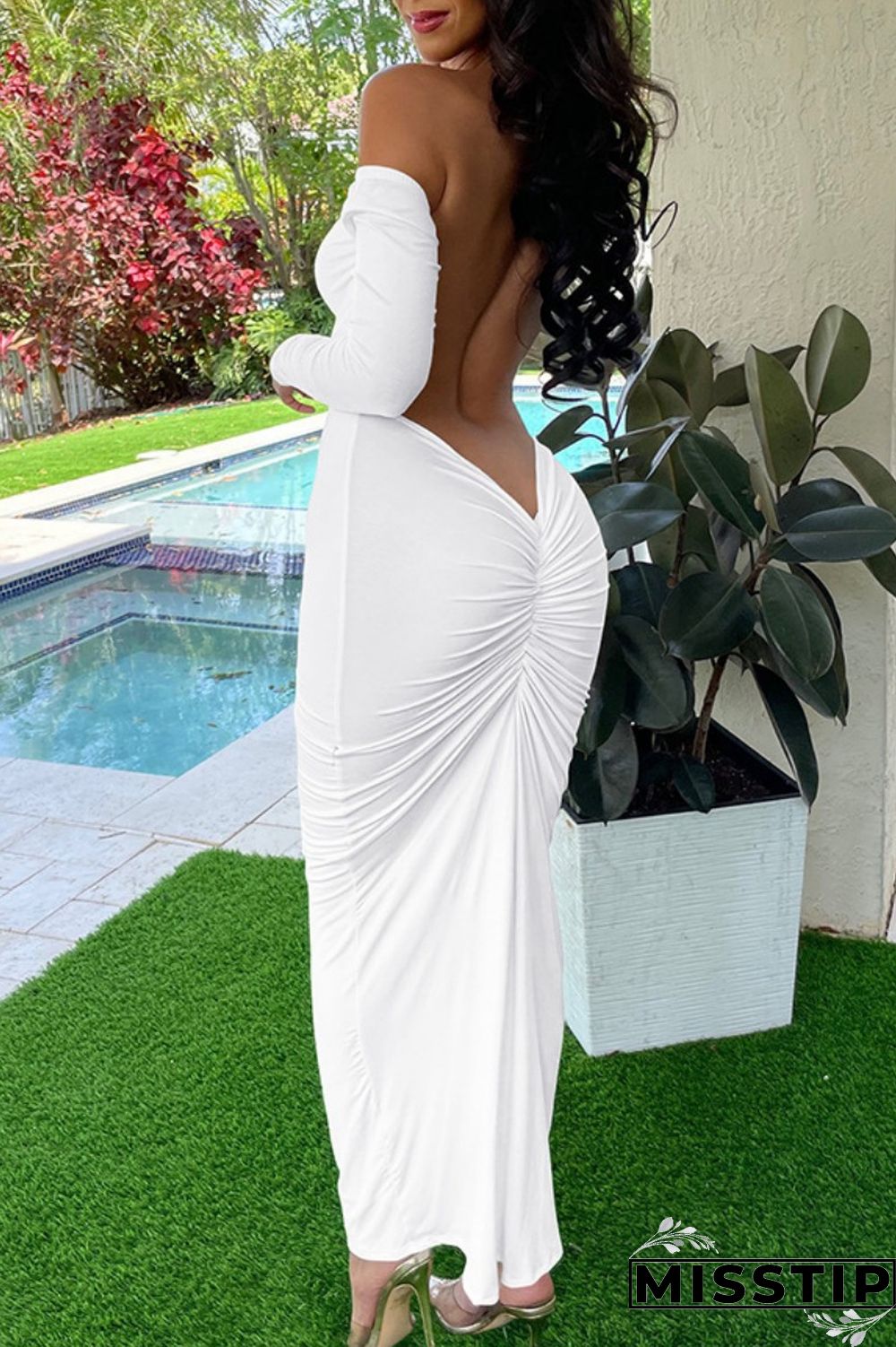 White Casual Solid Basic O Neck Long Sleeve Dresses