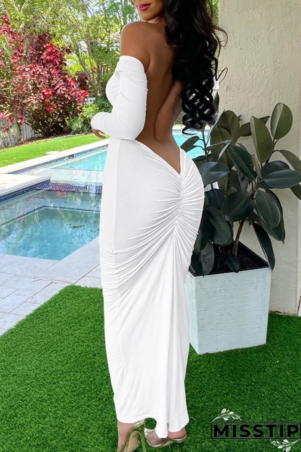 White Casual Solid Basic O Neck Long Sleeve Dresses