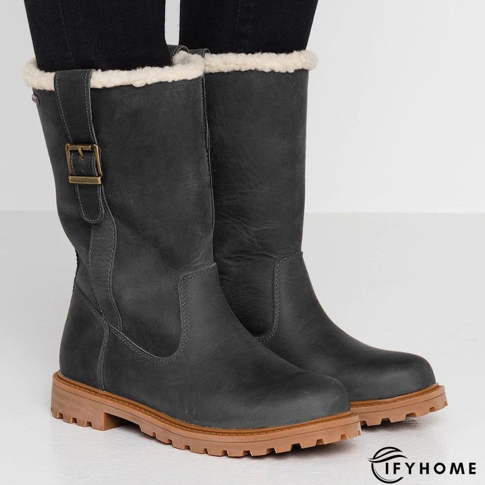 Women Slide Snow Boots Pu Working Chunky Heel Winter Shoes | IFYHOME