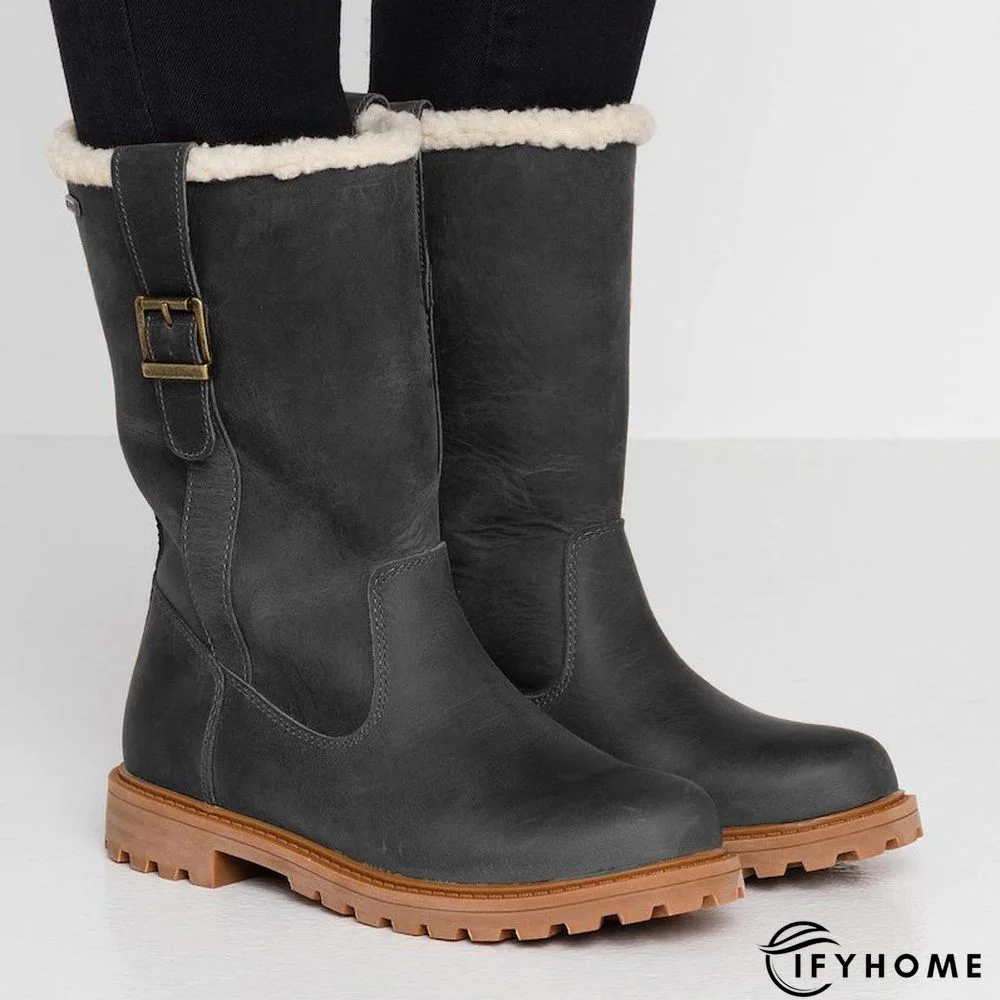 Women Slide Snow Boots Pu Working Chunky Heel Winter Shoes | IFYHOME