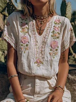 Women's Vintage Pink Floral Art Embroidery Linen T-shirt