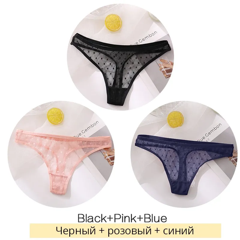 FINETOO Sexy Lace Thongs Women 3Pcs/set Transparent G-string Panties Dots Lace T-back Underwear Fashion Female Underpants M-XL