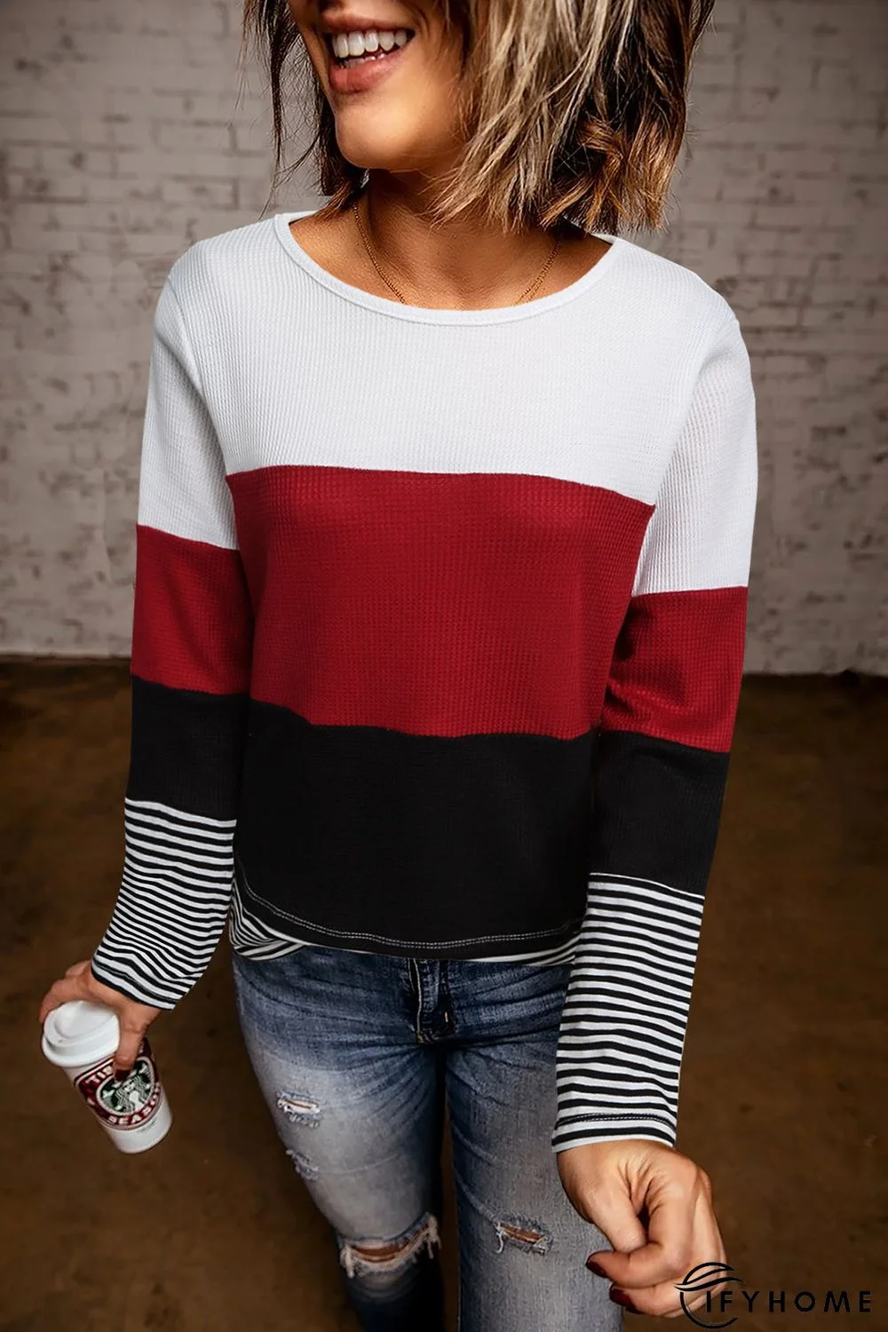 Wine Stylish Colorblock Splicing Stripes Top | IFYHOME