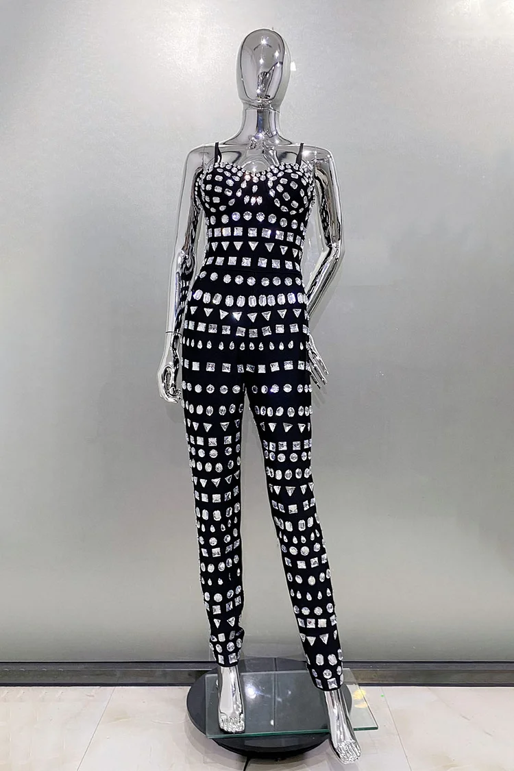 Rhinestone Embellished Cami Skinny Jumpsuit-Black