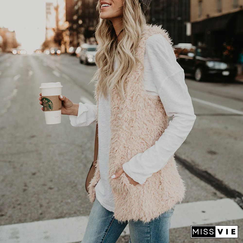 Fluffy Knitted Faux Wool Fur Sherpa Vest Womens