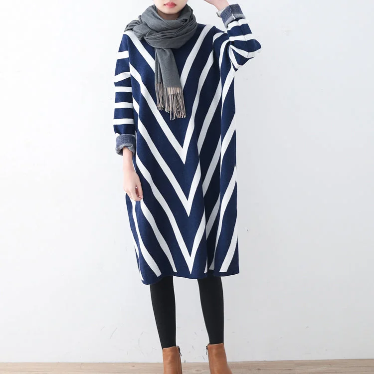 Cozy blue striped sweater dress plus size clothing fall dresses Elegant unique pullover long sleeve