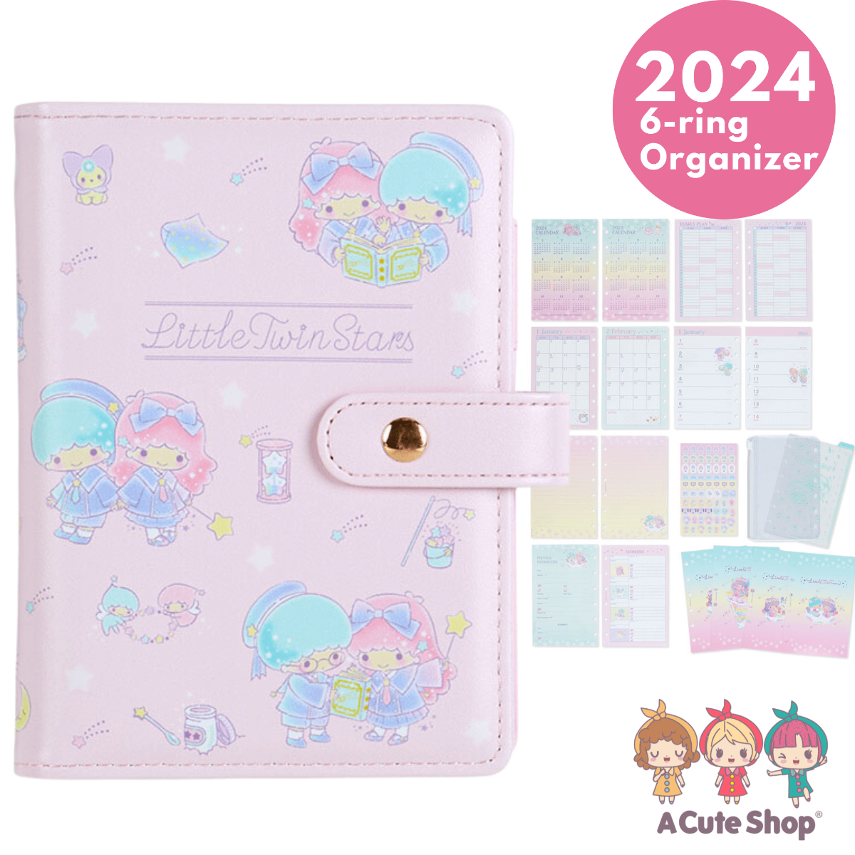 2023- 2024 Little Twin Stars 6-Rings Personal Organizer Compact Planner Schedule Book Agenda PINK A Cute Shop - Inspired by You For The Cute Soul 