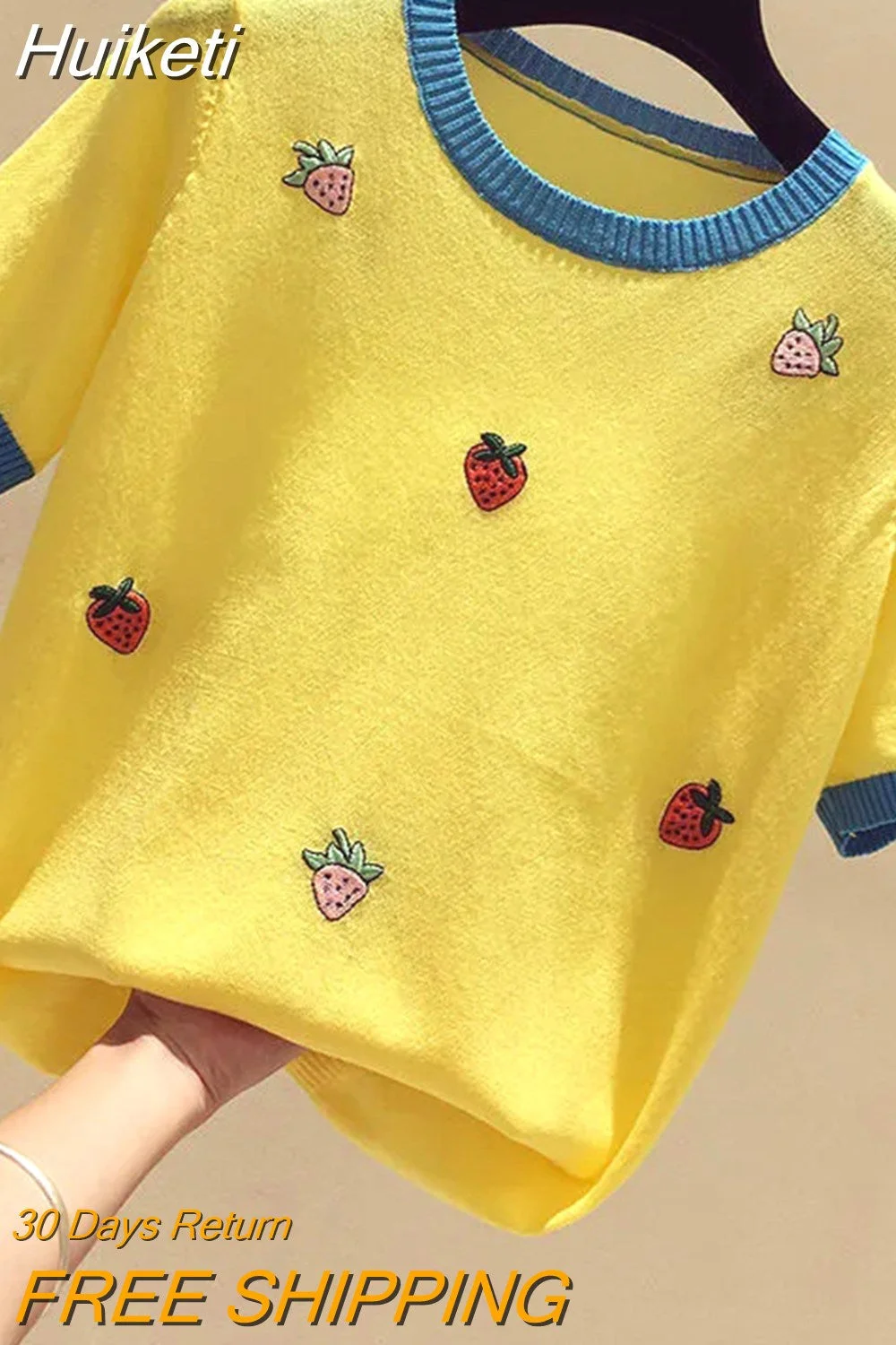 Huiketi Cute Tops Mesh T-shirt Female Loose Strawberry Print Bottomed Embroidery Shirt Harajuku Basic Short Sleeve Women Sweaters