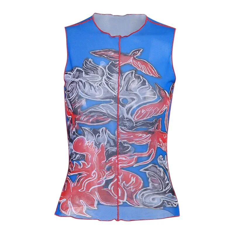 InstaHot Women Tank Top Dragon Printed Mesh Summer Streetwear Transparent Tank 2020 Club Slim Tops Female Sexy Casual Clothes