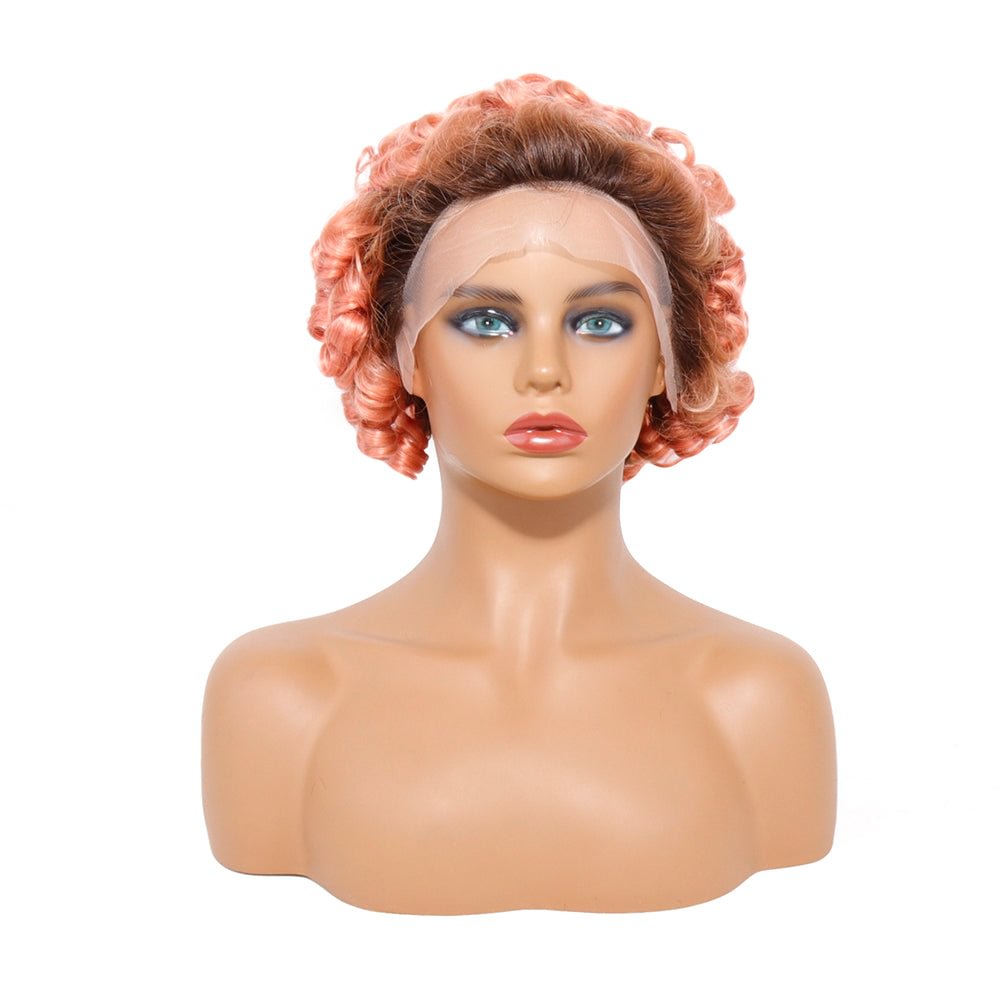 Short Bouncy Curly Human Hair Wig 13x1 Front Lace T1b/Pink Colored Glueless Wig Zaesvini