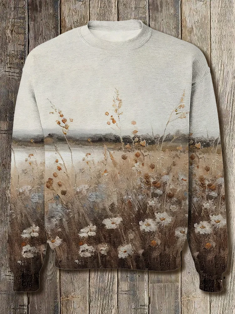 Men's Field Oil Painting Print Causal Long Sleeve Sweatshirt