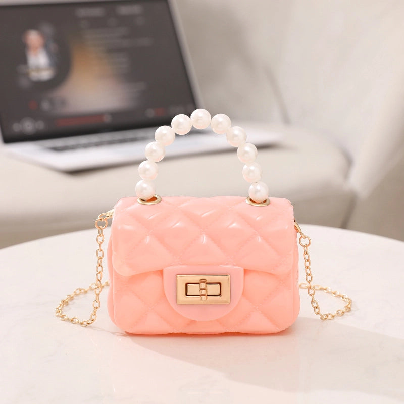 Women’s PVC Solid Color Cute Beading Pearls Square Lock Clasp Crossbody Bag