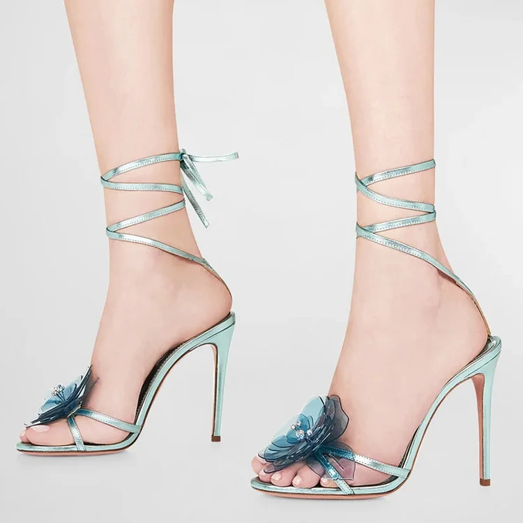 Cyan Floral Party Sandals -   Open Toe Stiletto Heels Vdcoo