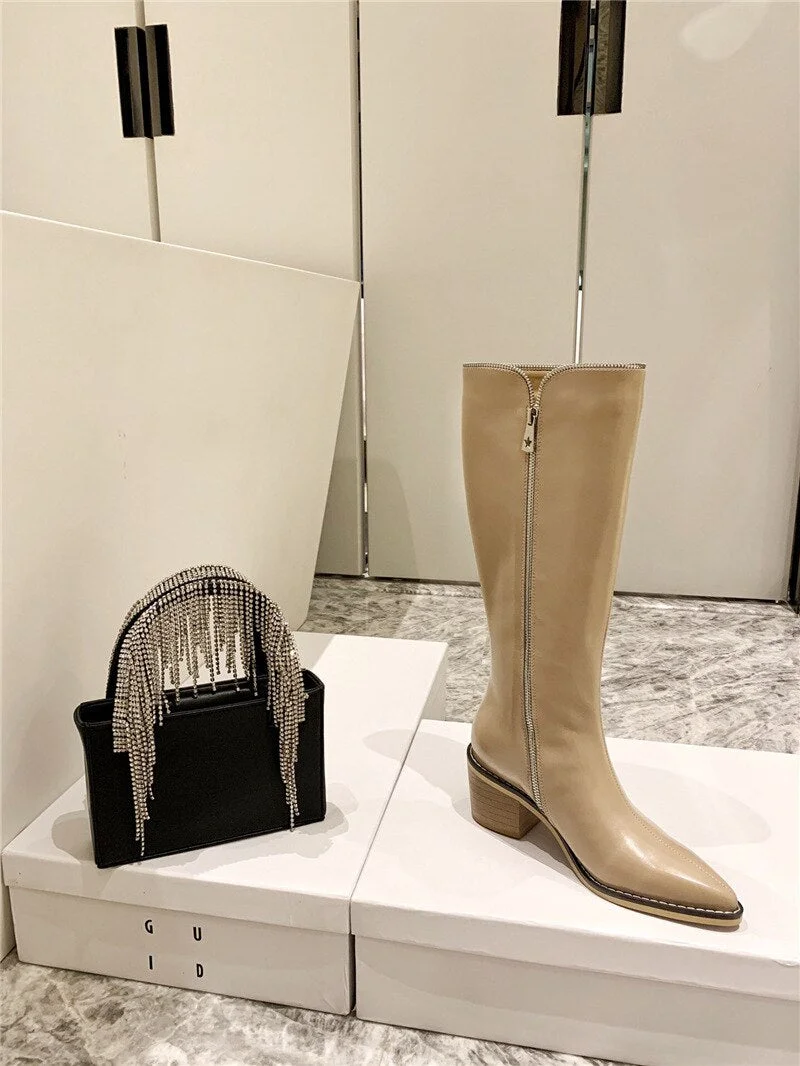 2021 Brand Design Winter Square Heel Knee High Boots Women Pointed Toe Chelsea Boots Leather Pocket Zipper Boots Botas Mujer