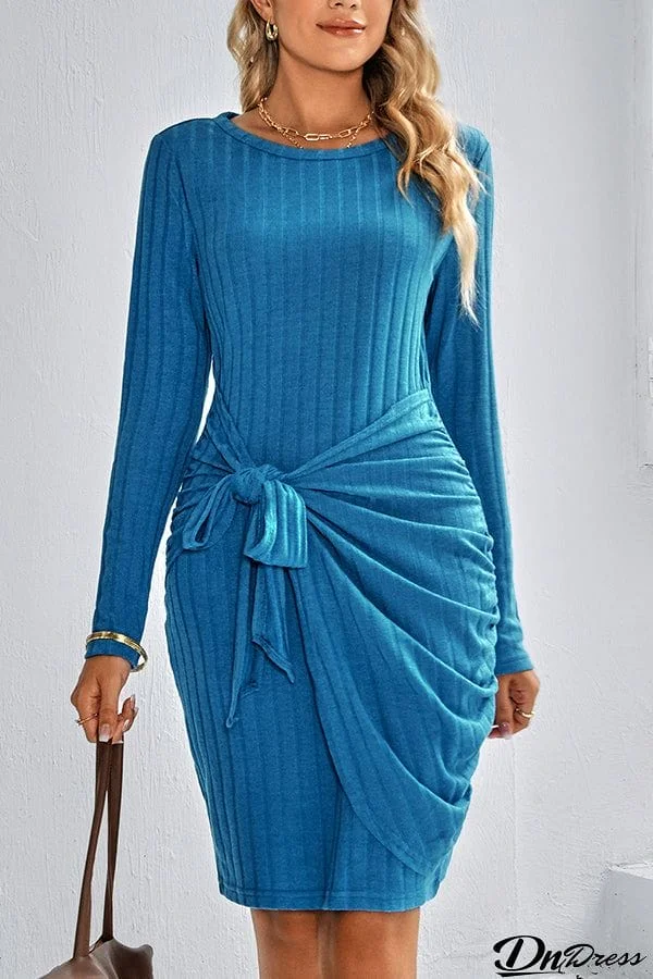 Fashion Round Neck Long Sleeve Solid Color Slim Fit Ladies Dress