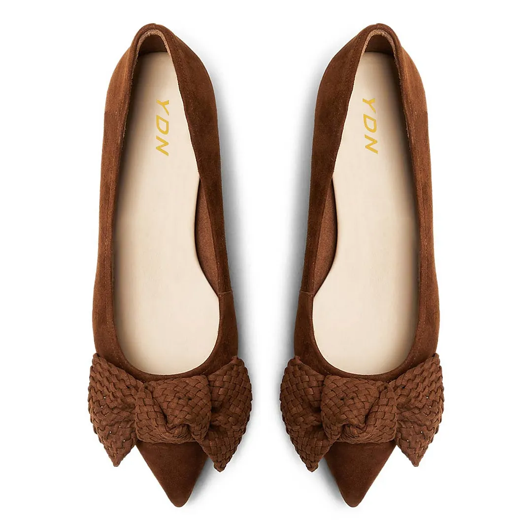 Classic Brown Vegan Suede Pointed Toe Woven Bow Kitten Heel Pumps