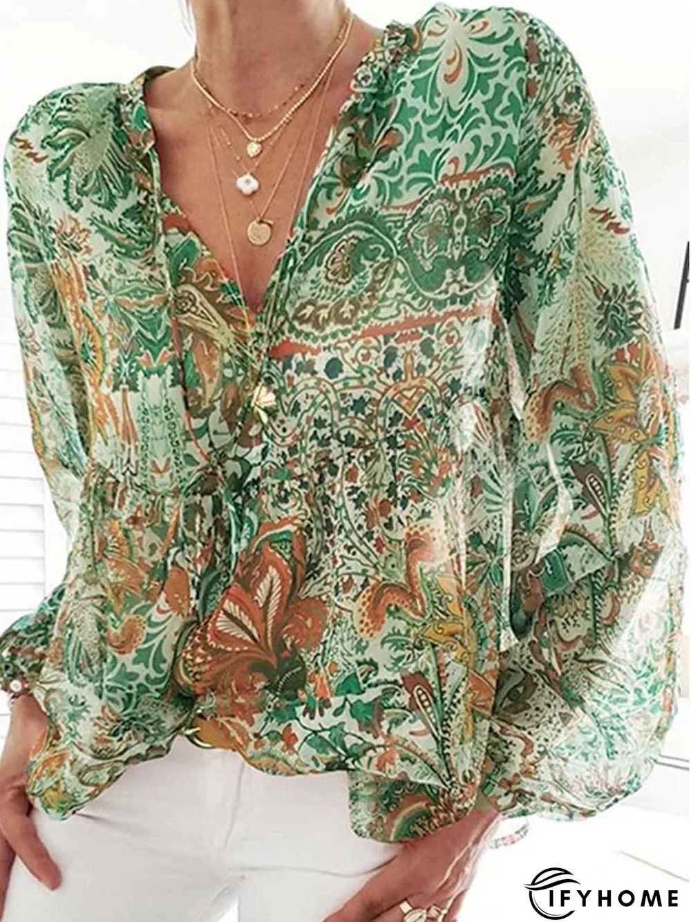 White Printed Long Sleeve Patchwork Blouse | IFYHOME