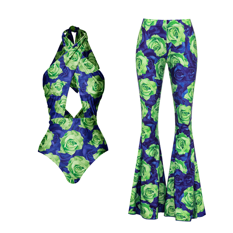 Blue Green Rose Print Cut Out Hanging Neck One Piece Swimsuit and Pants Flaxmaker
