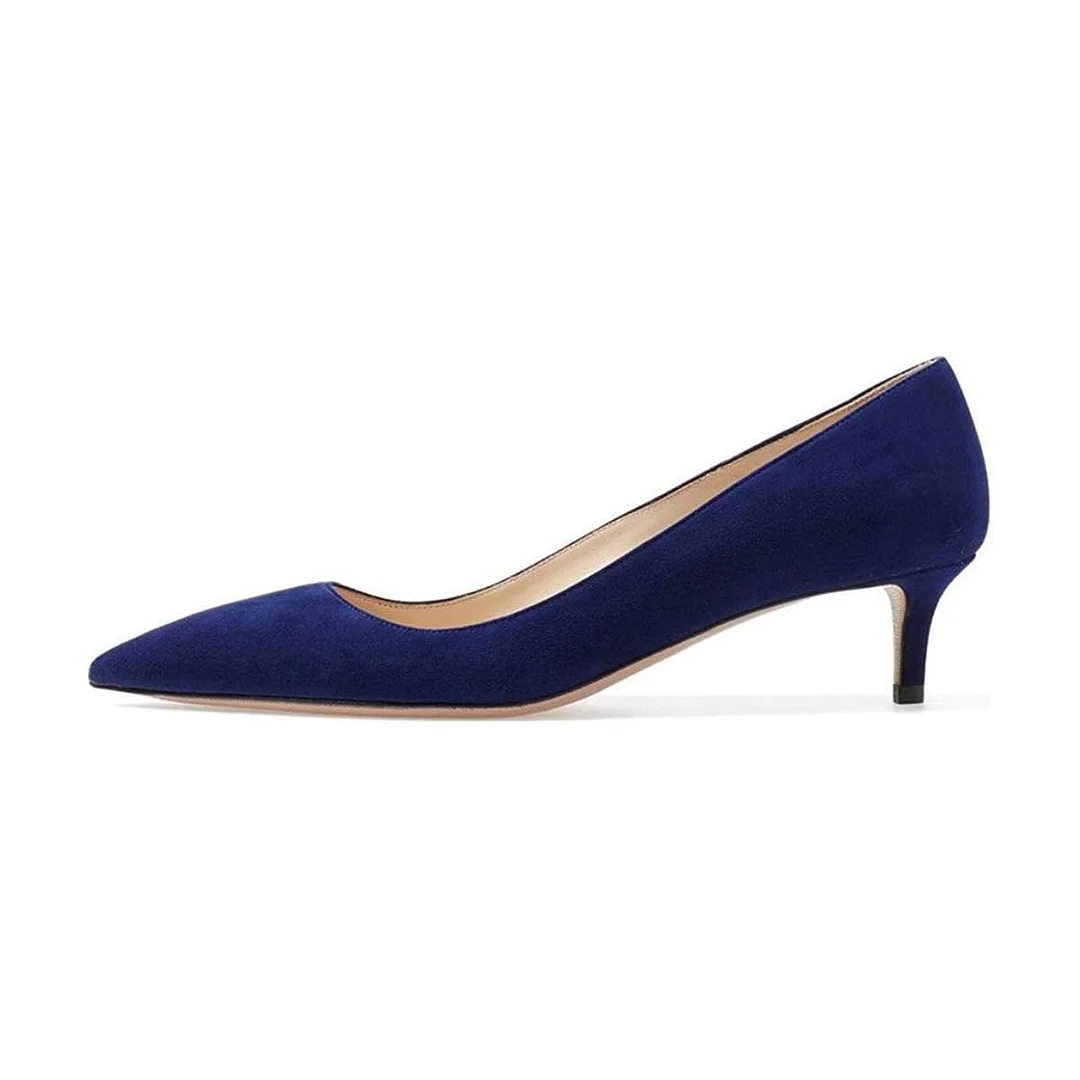 YDN Simple Navy Vegan Suede Pointed Toe Kitten Heel Pumps Shoes