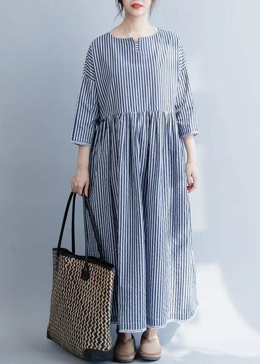 100% o neck half sleeve cotton dresses Neckline blue striped Maxi Dress fall