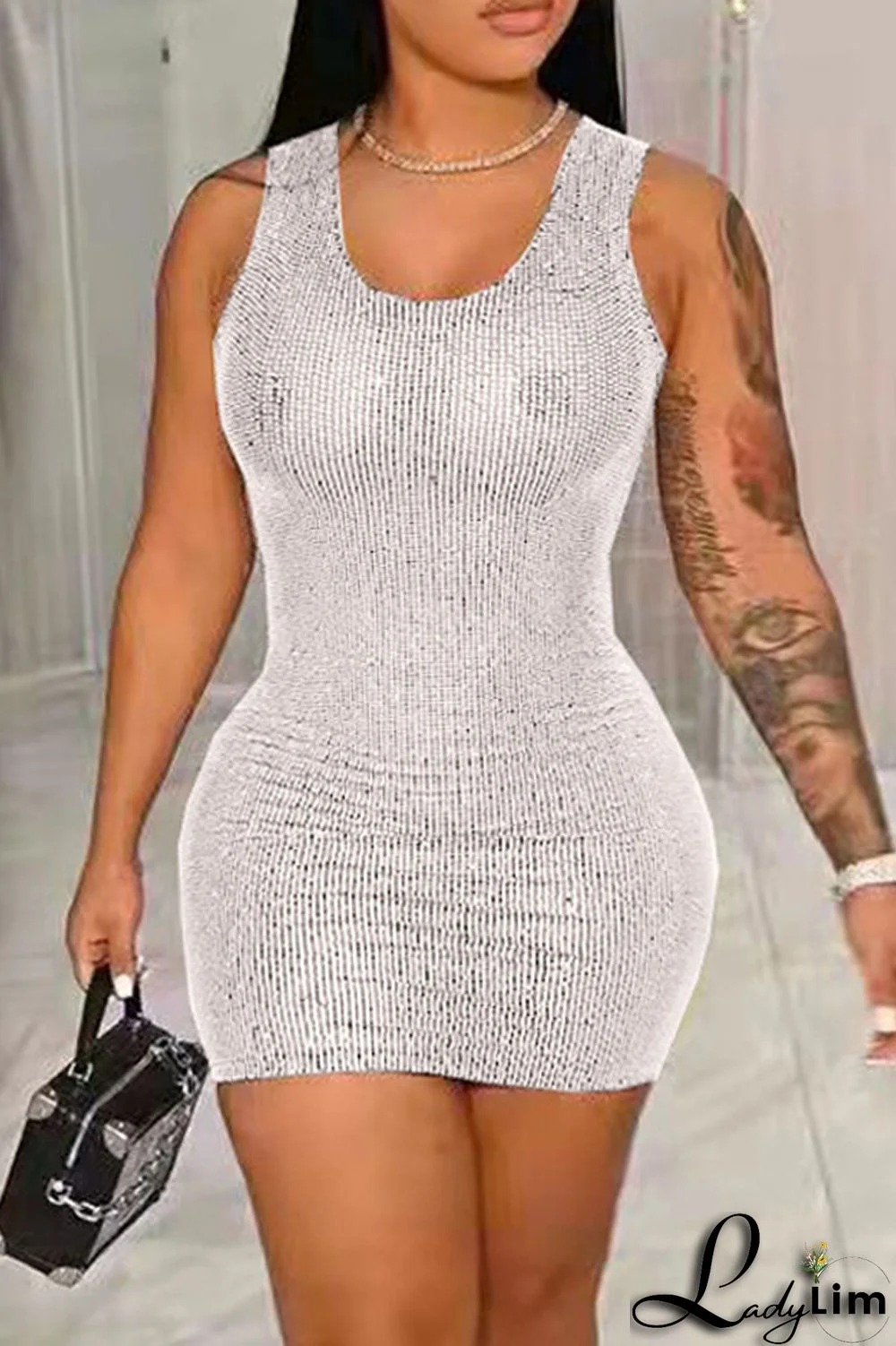 Blue Fashion Sexy Solid Sequins Patchwork O Neck Vest Dress