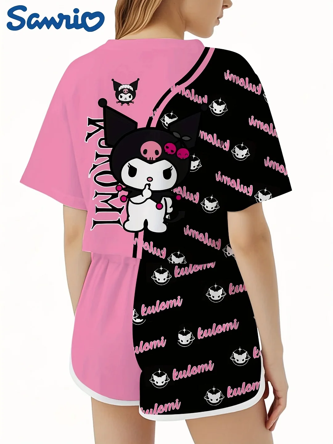 Two Pieces Sanrio Kuromi Women's 3d Cartoon Printing Navel-Exposed Set, Women's Summer Casual And Stylish Sports Suit, Navel-Baring Short-Sleeved Top And Sports Shorts Set, Suitable For Outdoor Activities Sanrio Hello Kitty Fans Holiday Gift | IFYHOME