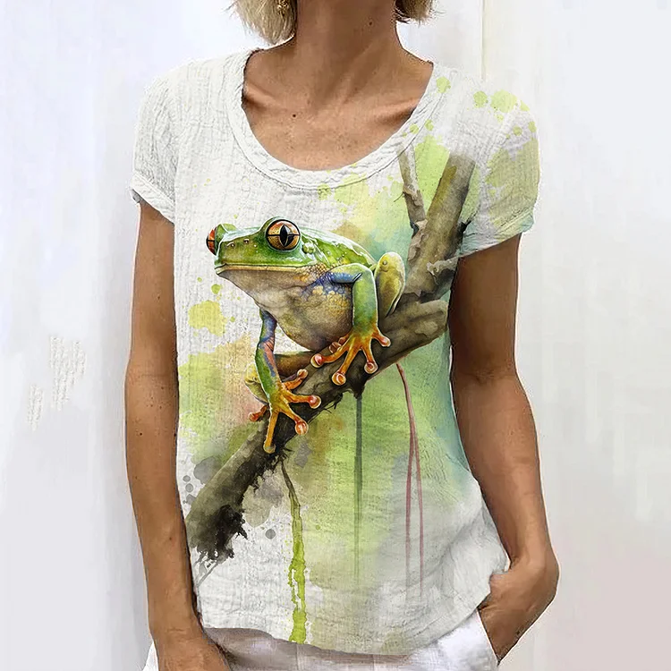 Comstylish Gradient Frog Art Crew Neck T-Shirt