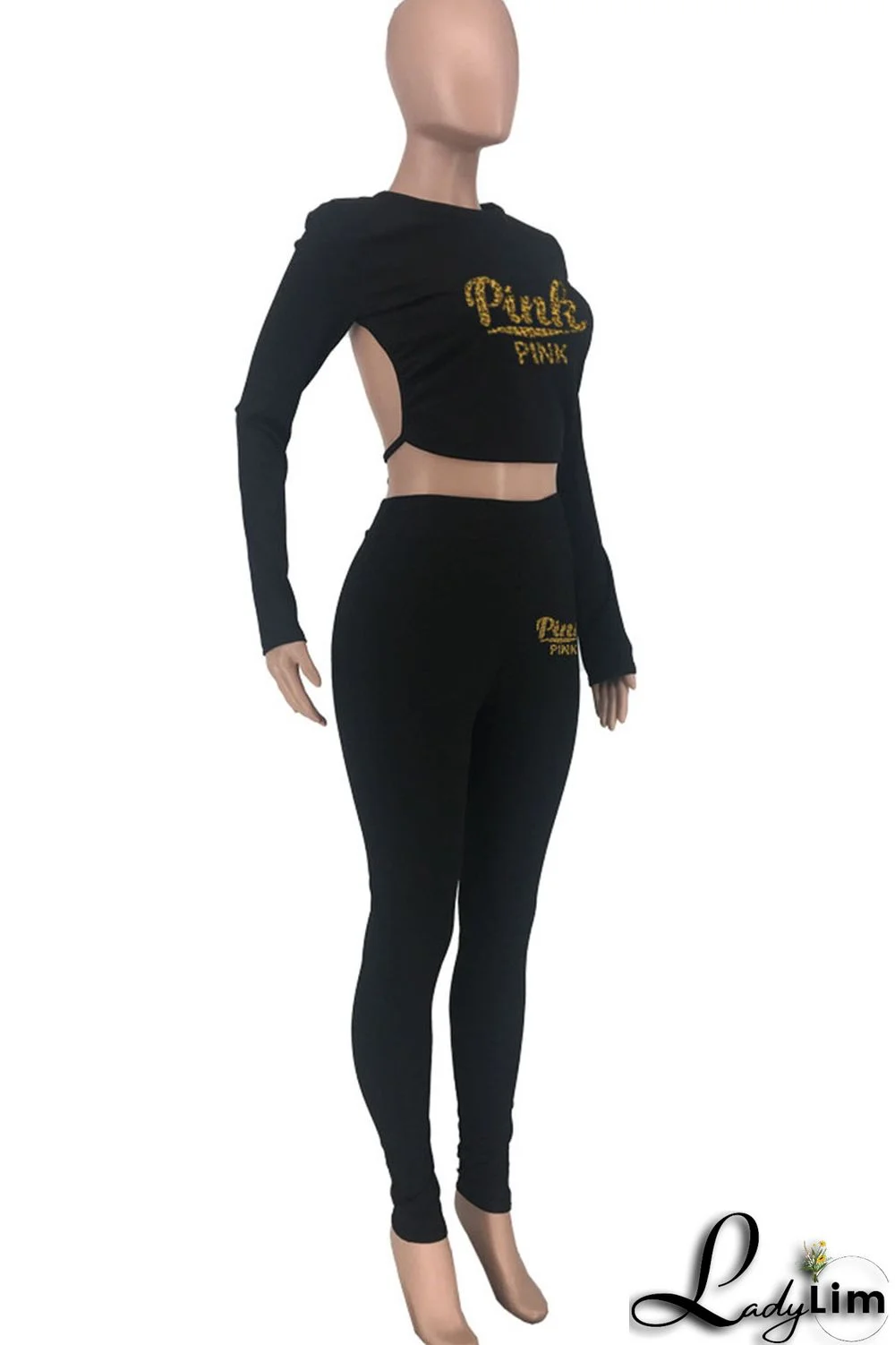 Black Sexy Print Patchwork Frenulum Backless O Neck Three Quarter Two Pieces