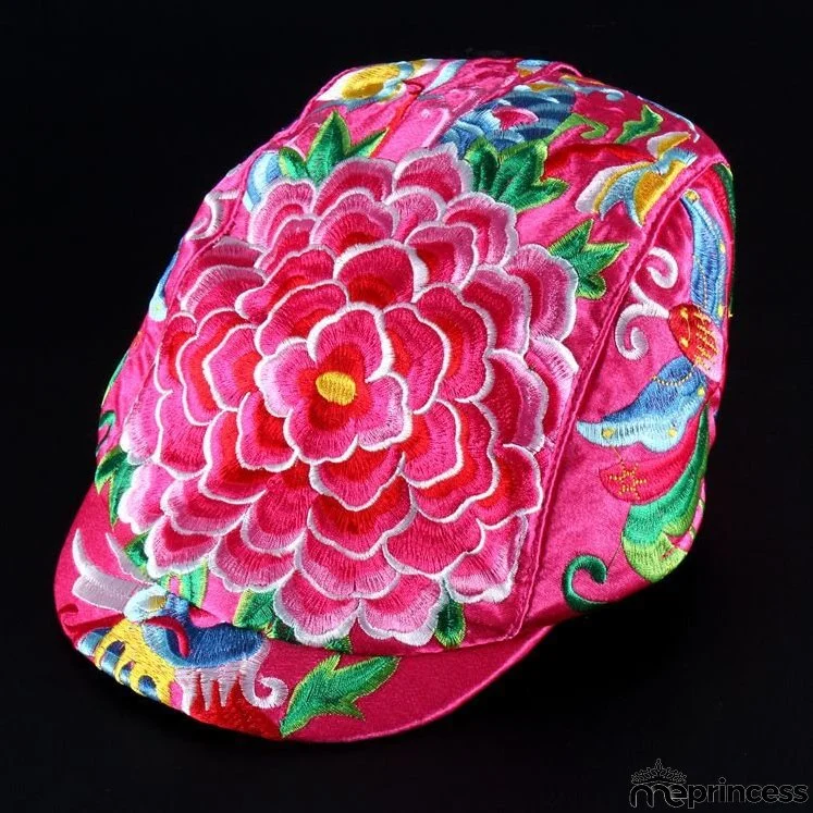 Tibetan Style Embroidered Floral Hat Cap