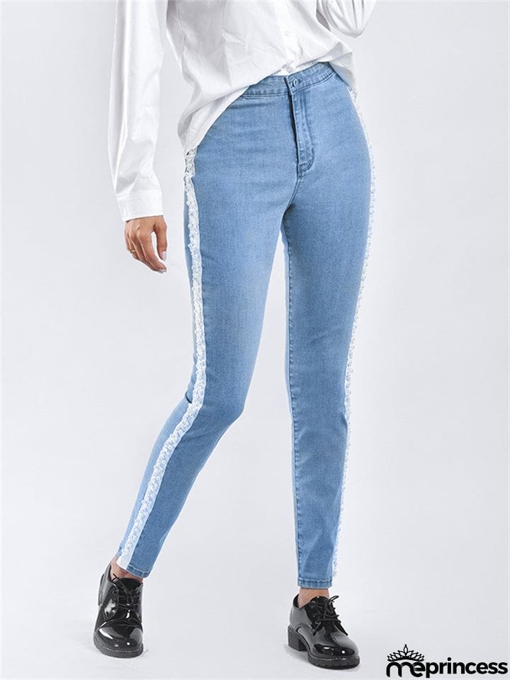 Spring Autumn Pretty White Pearl Woven Tape Thin Denim Jeans for Women