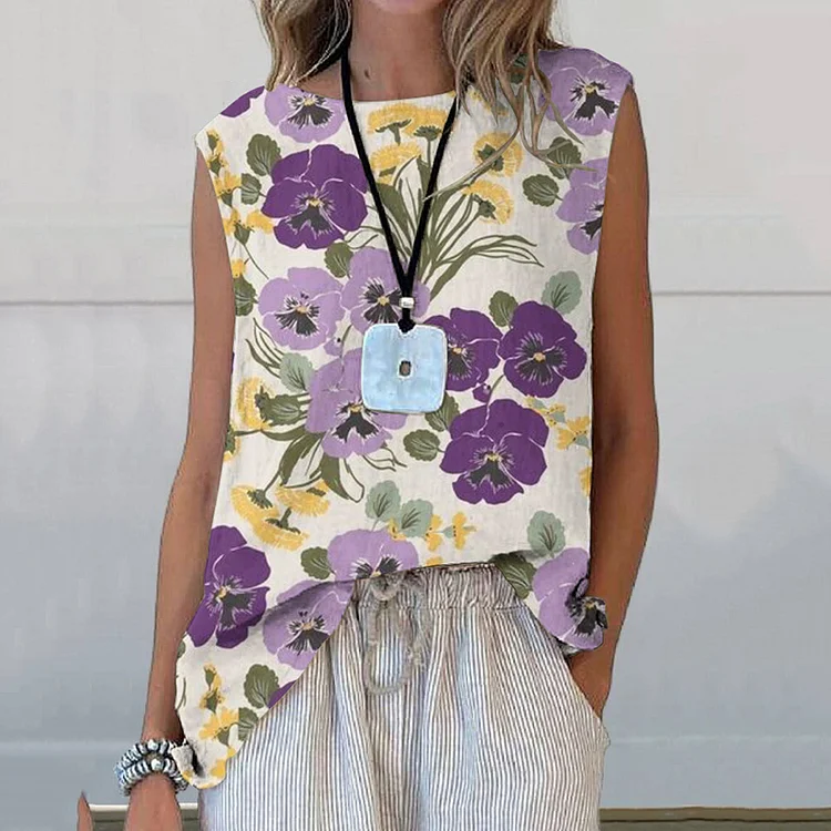 Lunivibe Purple Flowers Print Casual Sleeveless Tank Top