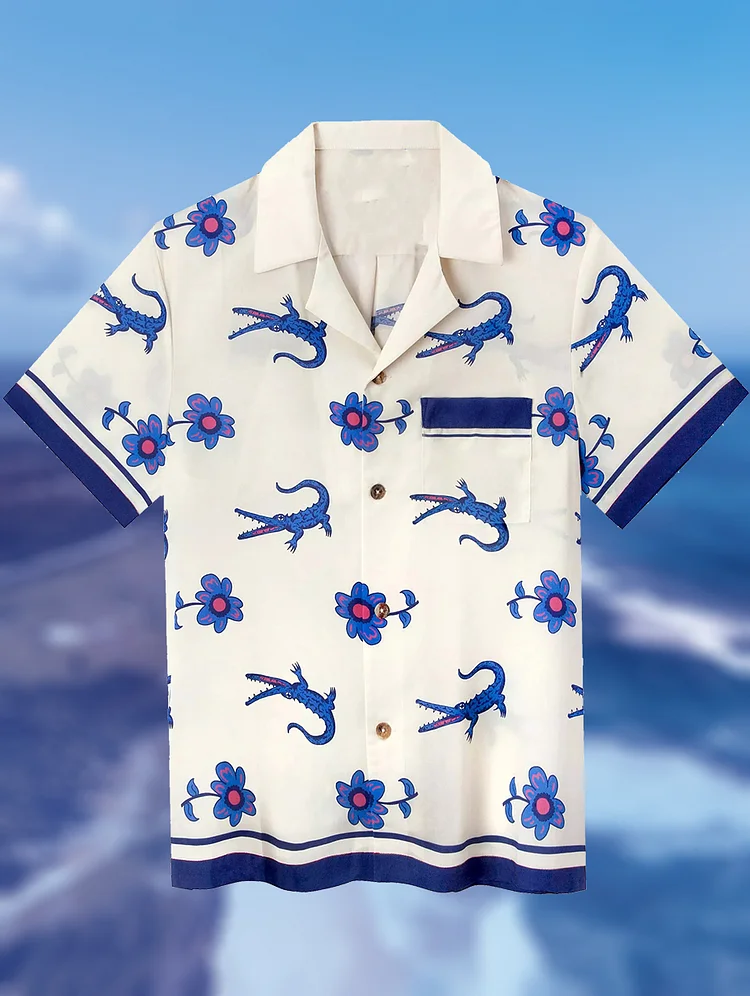 Men's Cartoon Crocodile Flower Pattern Print Shirt