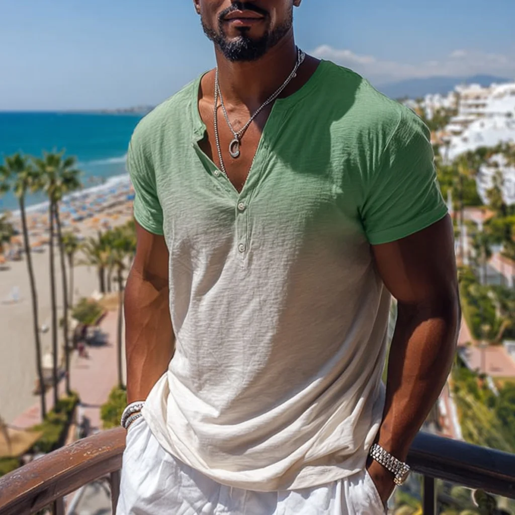  Gradient Henley T-Shirt for Men - Perfect for Summer Beach Outings-inspireuse