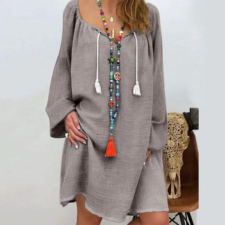Solid Solor Cotton And Linen Plus Size Lace-up Dress