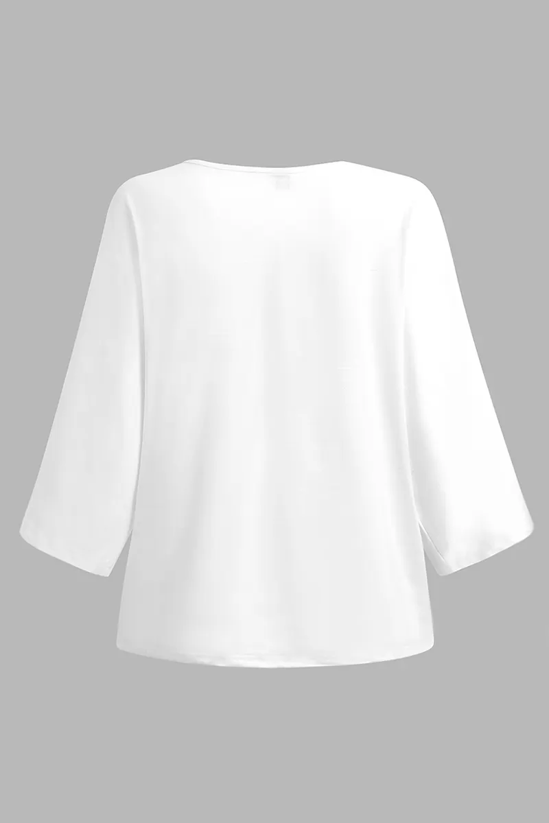 Figure Print Hollow Out Asymmetrical Neck Blouse