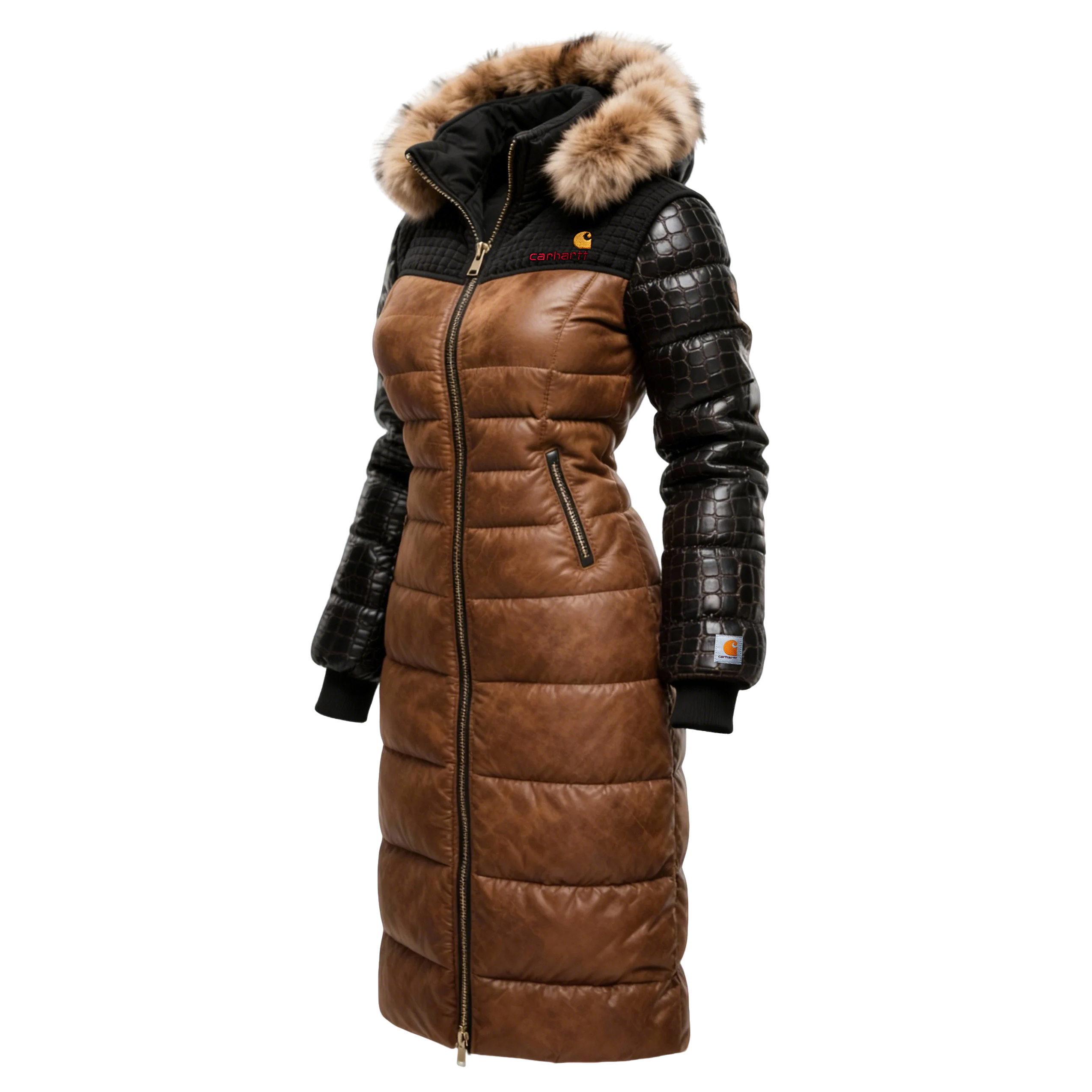 Vintage Women's Crocodile Embossed Leather Patchwork Waffle Texture Fabric Fur Collar Hooded Long Coat
