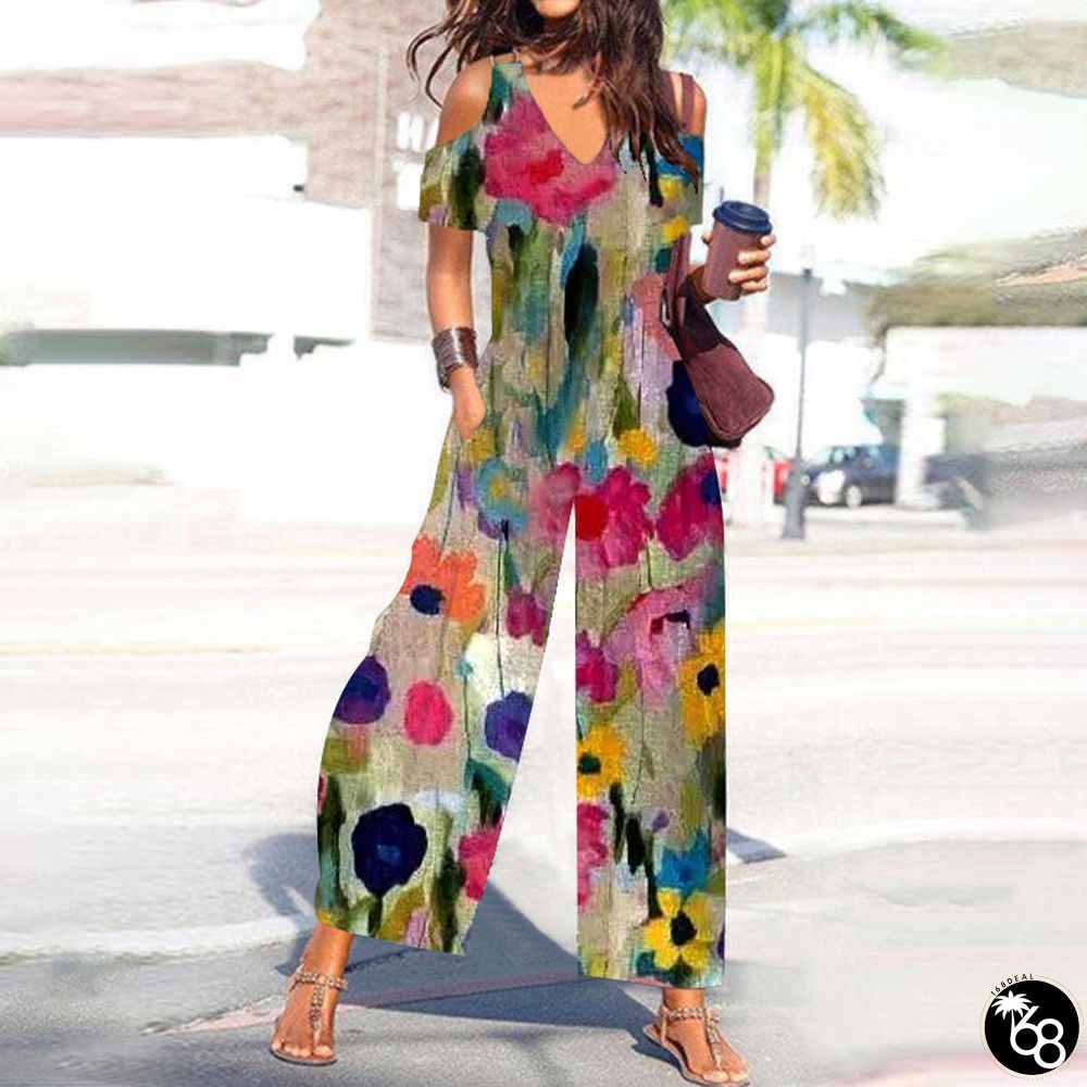 Chic Multicolor Short Sleeve Jumpsuit | 168DEAL