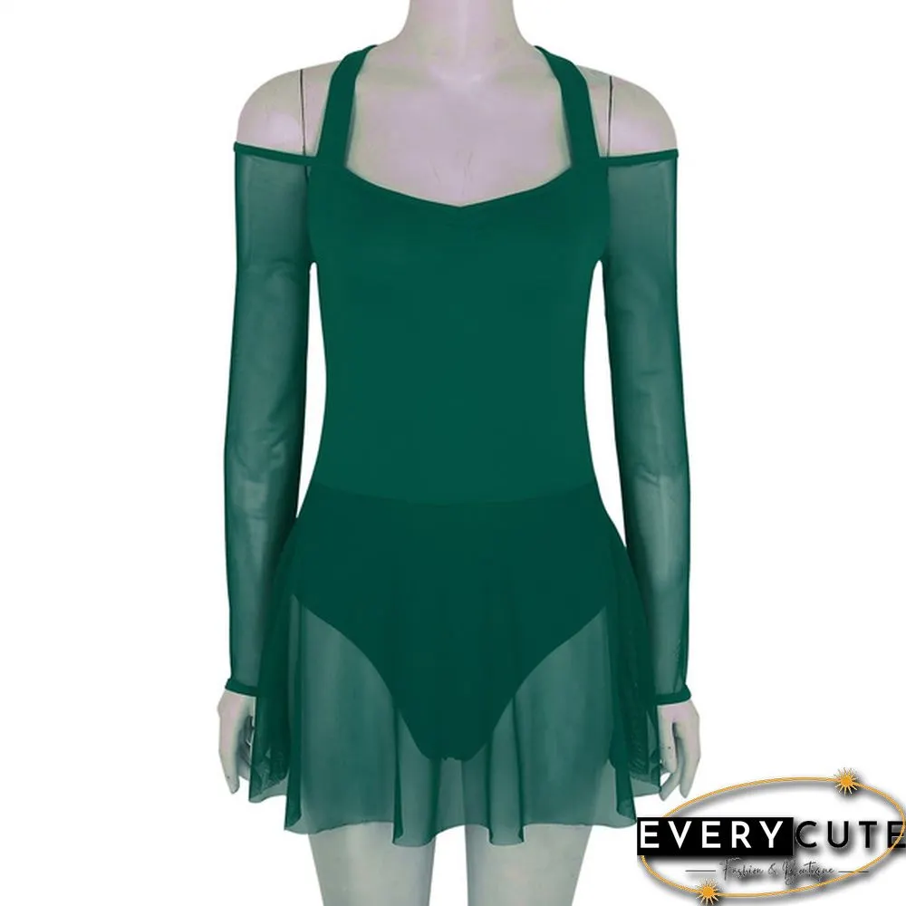 Women Adult Off The Shoulder Long Sleeve Halter Neck Mesh Bodysuit Ballet Dance Dress