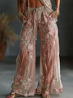 Women's Spring Floral Embroidered Art Print Flowy Linen Blend Casual Pants