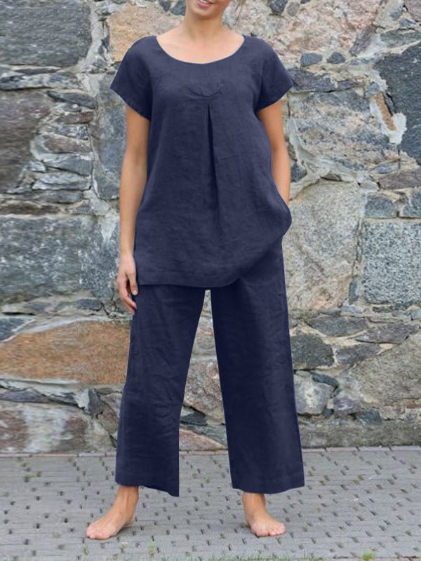 Solid Color Round Neck Short Sleeve With Pants Set
