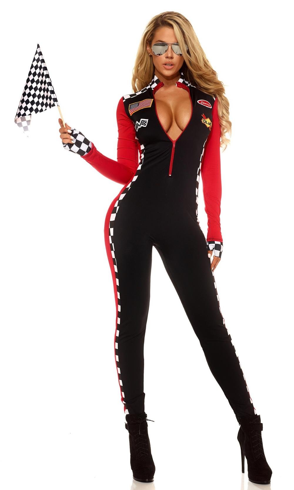 Womens Plunging Neck Sexy Race Car Driver Costume Black-elleschic