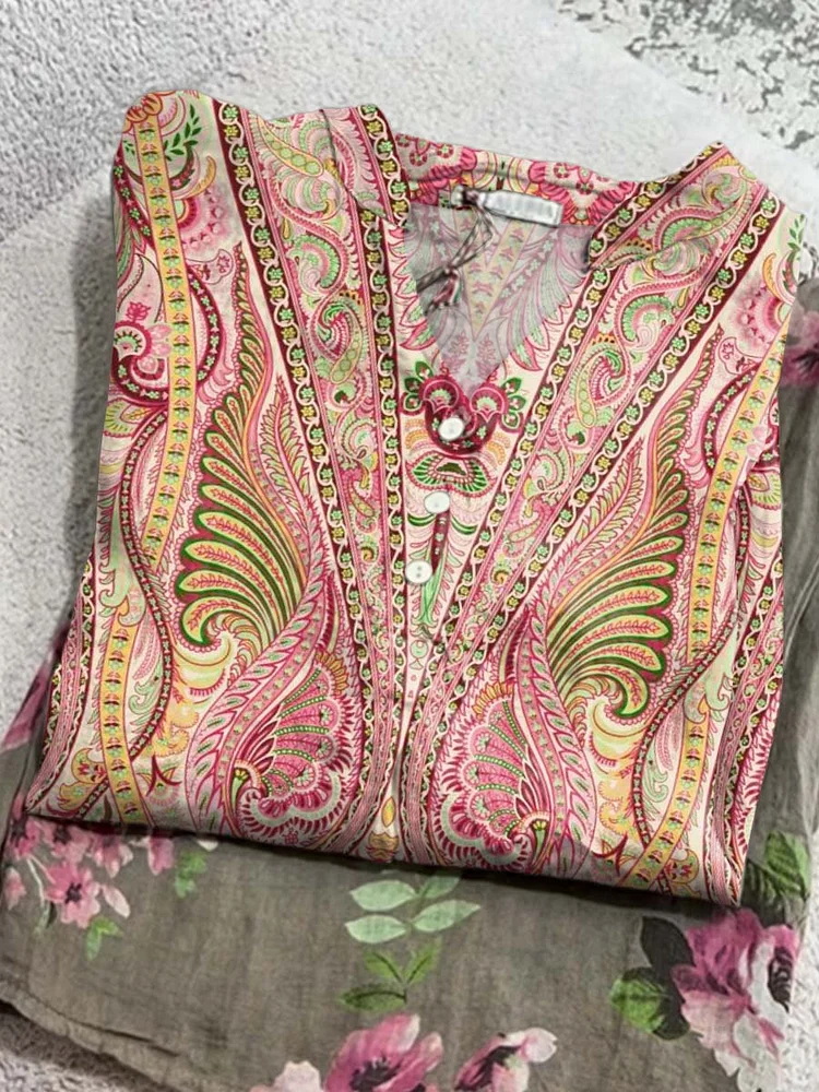 Women's Vintage Floral Art Print Casual Cotton And Linen Shirt