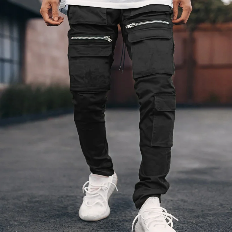Zip running track trousers multi-pocket slim-fit cargo casual trousers