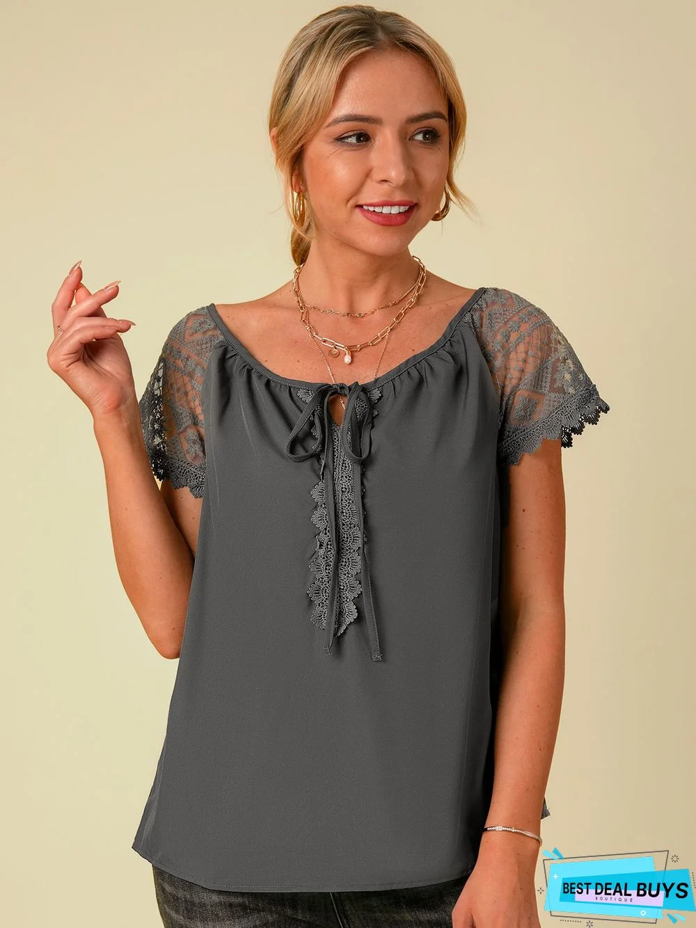 Short Sleeve  Lace Polyester  V neck  Casual Summer Black Top Women