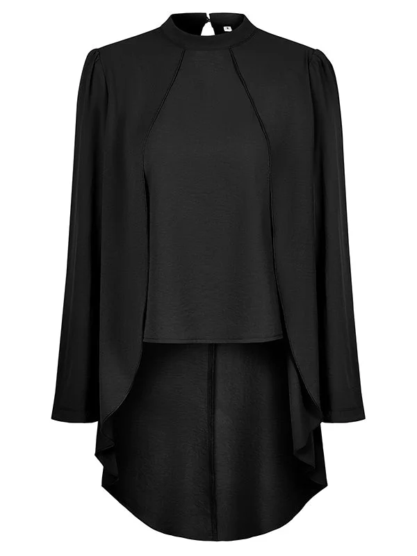False Two High-Low Solid Color Split-Joint Mock Neck Blouses&Shirts Tops