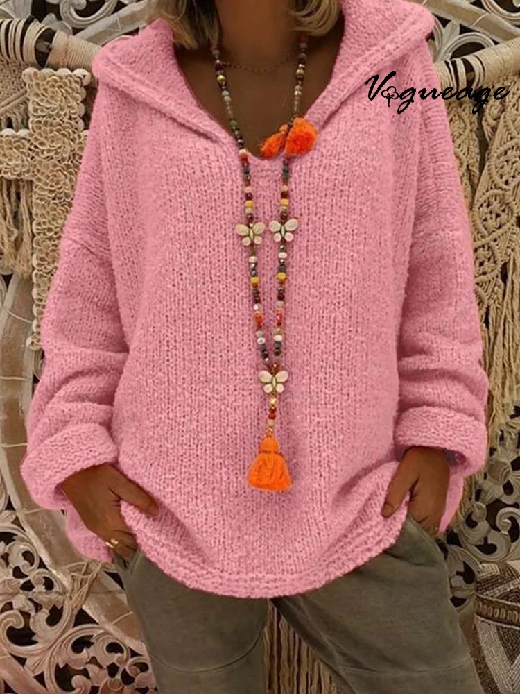 Women's Tops Casual Style Hooded Pullover Knitted Sweater